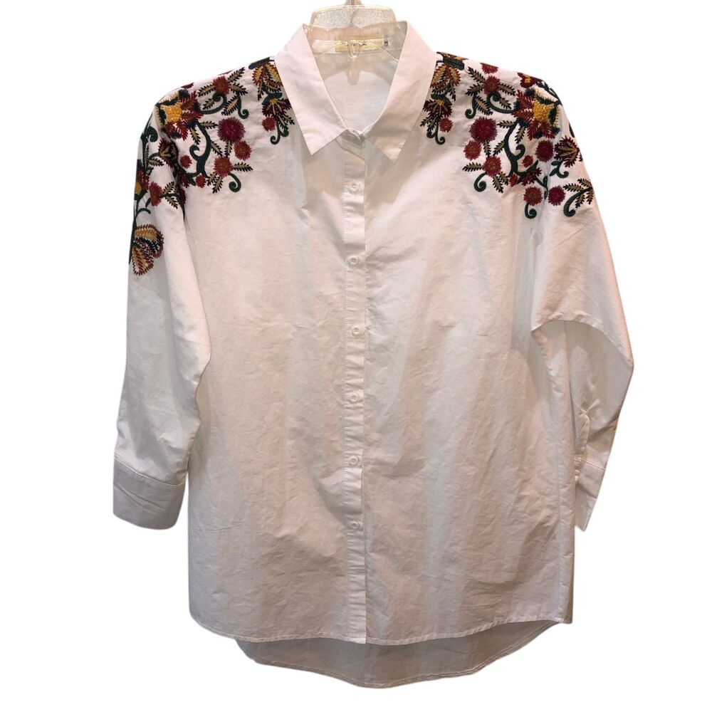 A La Tzarina Womens Size XL White Embroidered Floral Button Up Collar Boho Shirt